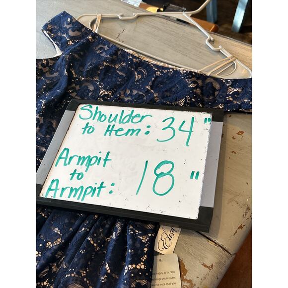 NWT Eliza J Navy Blue Floral Lace Nude Lined Off Shoulder Dress Sz 10 Fit Flare - Picture 10 of 10